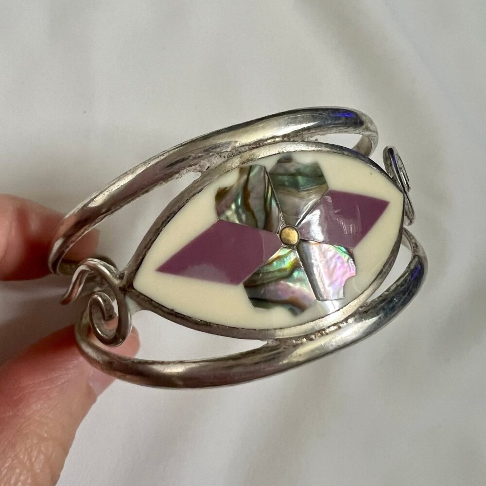Mexico Abalone Silver Tone Enamel Inlay Estate Costume Cuff Bracelet